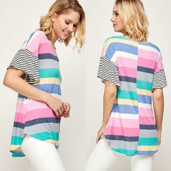 Pink Multi-Stripe Round Bottom Raffle Sleeve Top - Picture 4 of 6